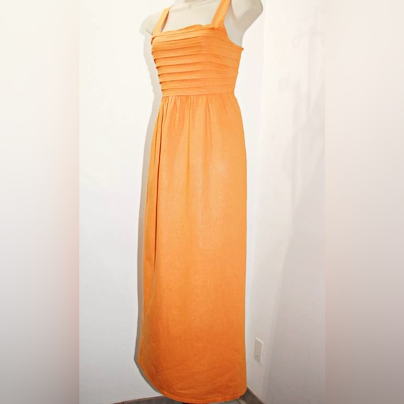 TAHARI Linen Blend Wide Stripes Pockets Pleated Bodice Maxi Dress in Orange Sz 2 - Picture 7 of 15